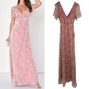 Lulus Pink Floral Flutter Sleeve Maxi Dress XS Dreamiest Desires Garden Party